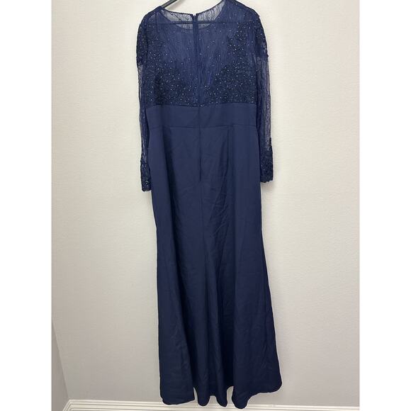 Mac Duggal Midnight Blue Long Sleeves Sequins Sheer Overlay Gown Size 16W - Picture 7 of 11